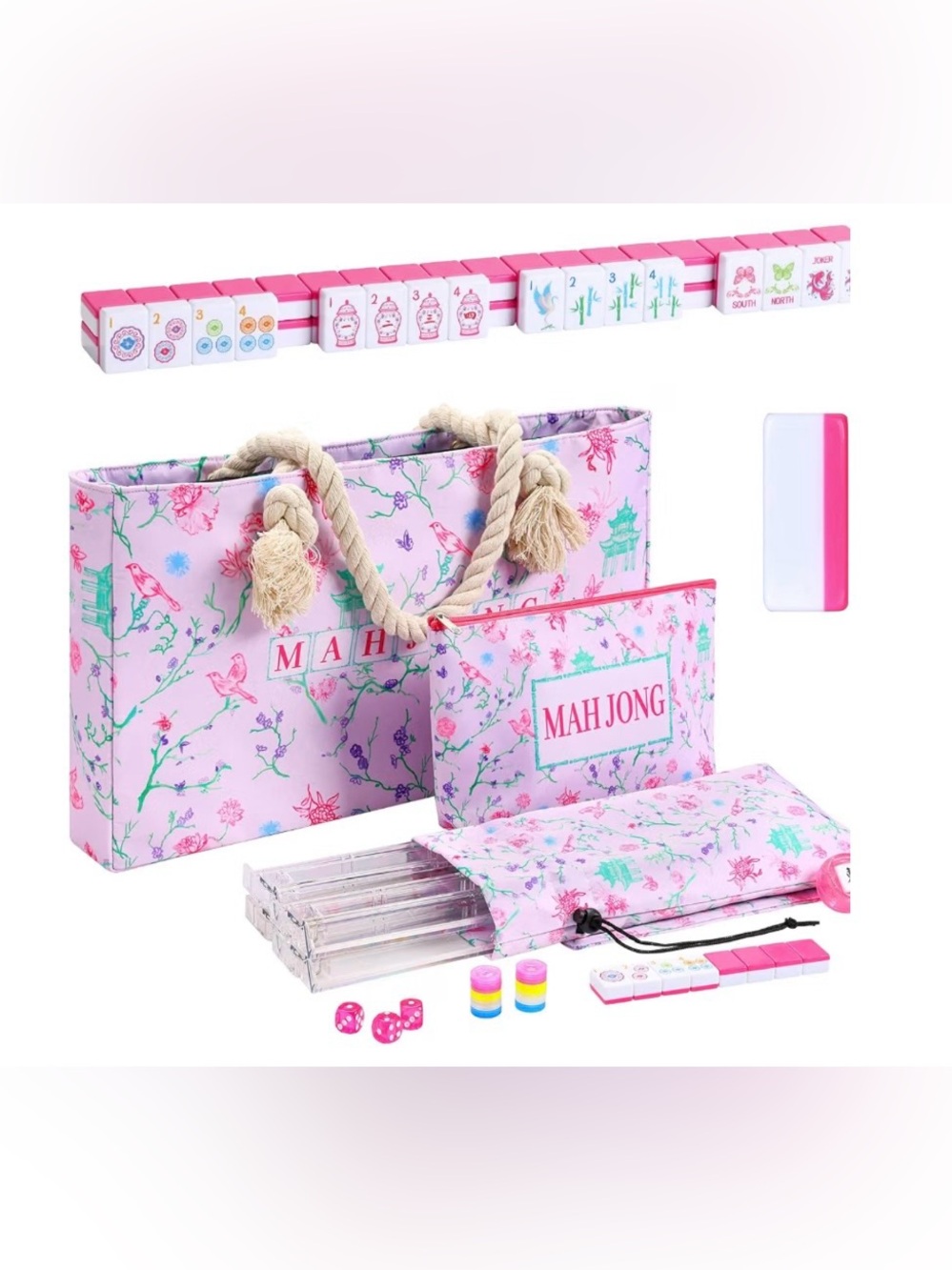 🌸 BEAUTIFUL PINK CHINOISERIE MAHJONG GAME SET 🌸 TILES 🌸 RACKS 🌸 MAT 🌸 BAGS